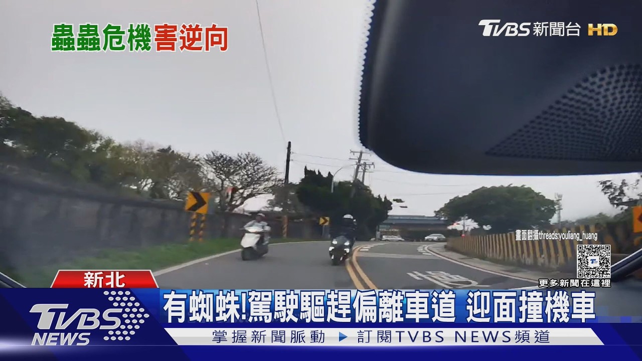 影音／蜘蛛闖駕駛座！男分心驅趕「跨雙黃線」　迎面撞飛騎士