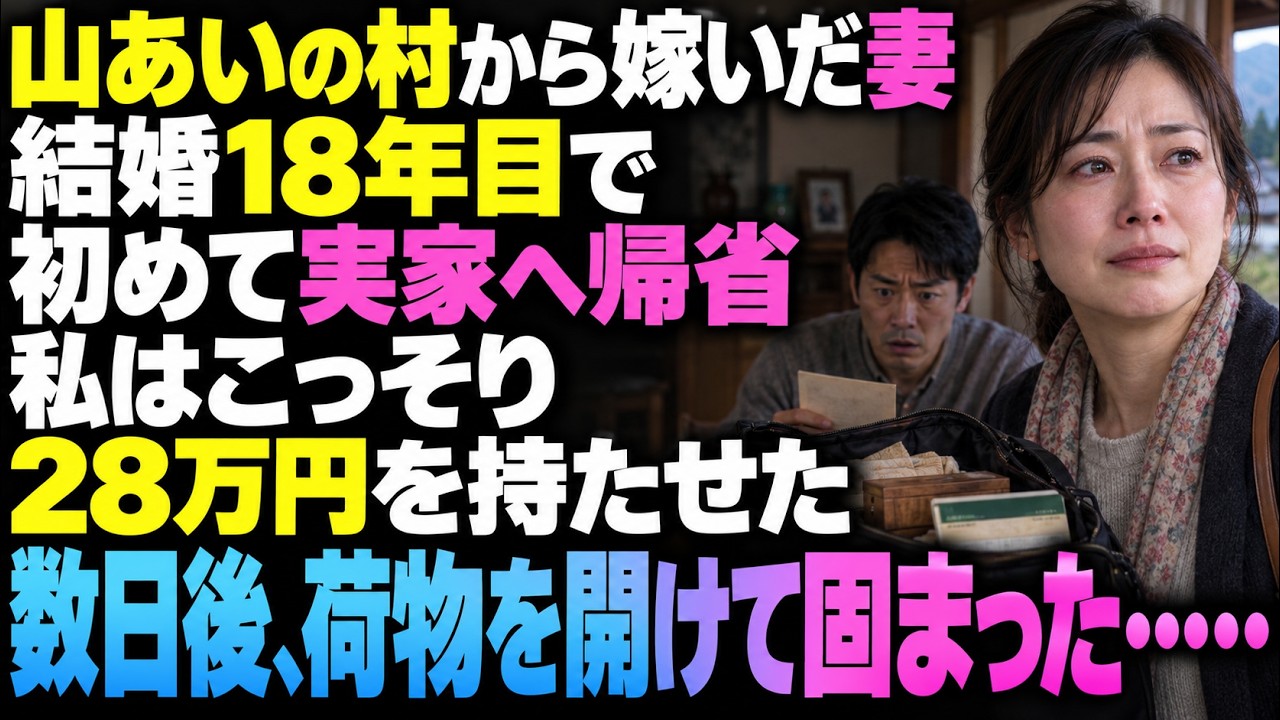 山あいの村から嫁いできた妻が、結婚18年目で初めて実家へ帰省することに。私はこっそり28万円を持たせた。数日後、妻が持ち帰った荷物を開けた瞬間、私はその場で固まった……