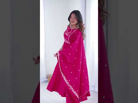 Dark Pink Luxury Roman Chanderi Silk Anarkali Gown Set with Hand Beads Work, 16-Kali Full Flare Design & Embroidered Dupatta