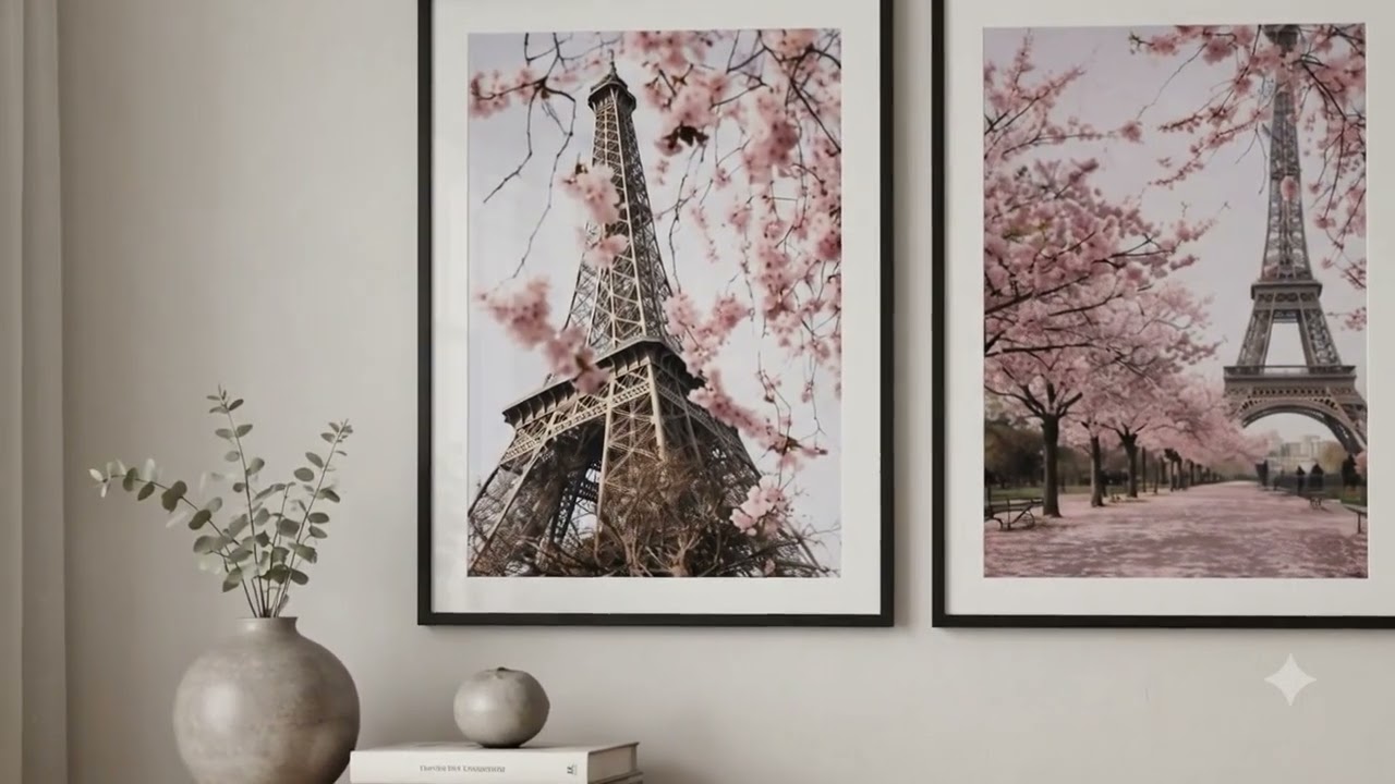 Vidéo | 3 Tableaux décoratifs Tour Eiffel – Triptyque Impression haute qualité avec cadre pour chambre à coucher & séjour A946