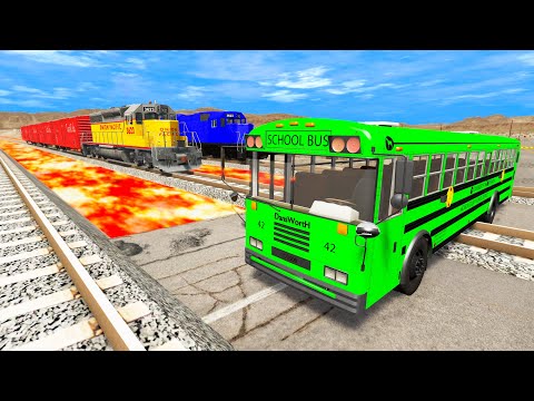 Trains vs Lava Crossing Road and Double Rails Tractor Rescue Stuck Cars and Buses - BeamNG.Drive