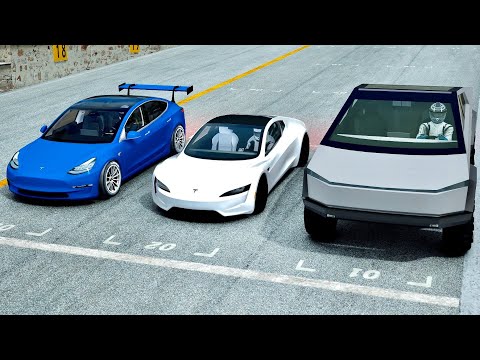 Tesla Roadster vs Tesla Cybertruck vs Tesla Model 3 Performance - Drag Race 20 KM