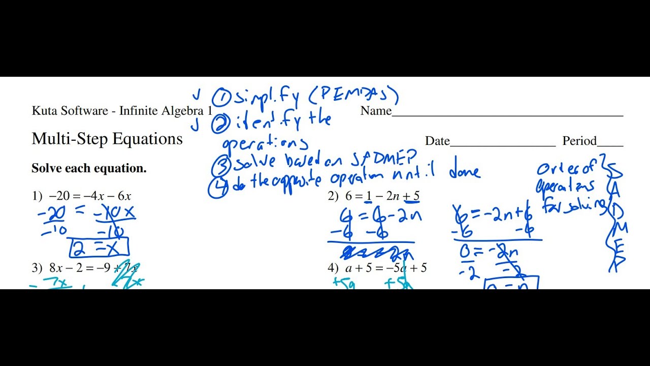 Multi Step Equations- Algebra 1 Kuta Worksheet Series