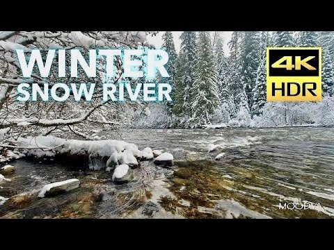 4K HDR Winter Snow River * Nature Video with Falling Snow & Ambisonic River Sounds * Relaxation
