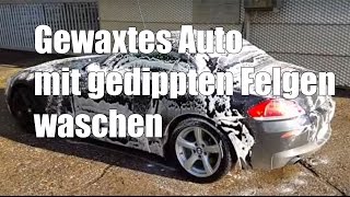 Gewaxtes Auto mit gedippten Felgen sicher waschen mit Dodo Juice und Sonax Autopflege