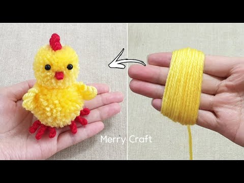 Super Easy Pom Pom Chicken Making Idea with Fingers - DIY Pom Pom Chick - How to Make Yarn Chicken