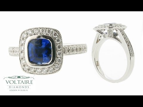 Cushion Cut Blue Sapphire Pave Set Halo with Diamond Detail ER 1012