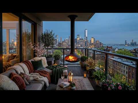 New York City Spring Evening Balcony Ambience to Sleep, Unwind, Focus 😴😌🌿 (City, Fireplace Sound)