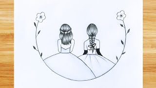 Best friend Drawing easy for beginners / Friendship day Drawing / How to draw best friend easy