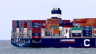 The new ship CMA CGM Baalbeck departs Melbourne seen  off Point Lonsdale, Victoria, Australia.