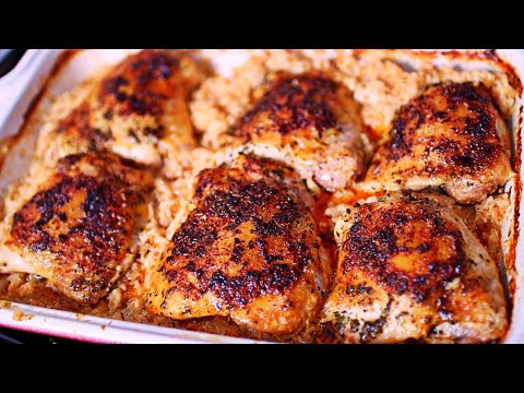 Easy Creamy Garlic Butter Baked Chicken Thighs and Rice Recipe - One Pan Chicken