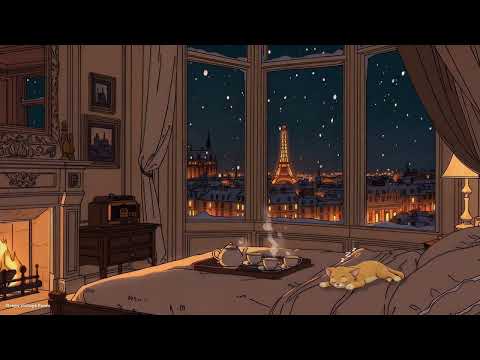 Cozy Vintage Paris Night | Fireplace, Snowy Window & Sleeping Cat  soft 1940’s jazz in a quiet night