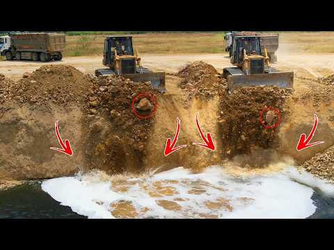 OH! Amazing! KOMATSU D58P Dozer and Dump Trucks 25T working hard to dump rocks into a deep pond.