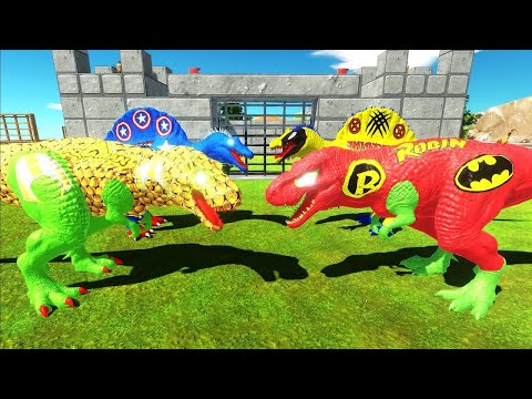 AQUAMAN vs CAPTAIN AMERICA vs ROBIN T-REX DEATH RUN - Animal Revolt Battle Simulator
