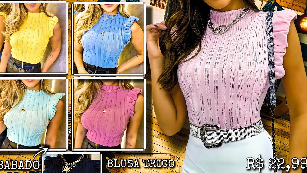 Blusa Tricô Feminina Garrafinha Canelada Tricot Blogueira Babado na Manga!