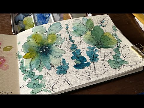 Watercolor Journal Day 198 (Ink and Wash Blue and Green Florals)