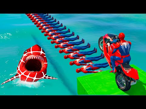 GTA 5 Superhero Ragdoll Mayhem! Motorcycle Ride Over Shark Bridge Gone Wrong 🦈💥
