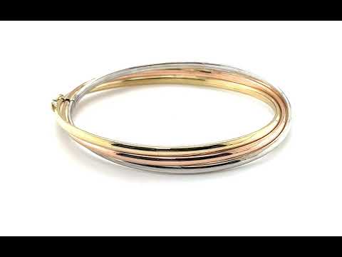 9ct Yellow, Rose and White Gold 3 Strand Cross Over Hinged Bangle - 05430102 | Johnsons Jewellers