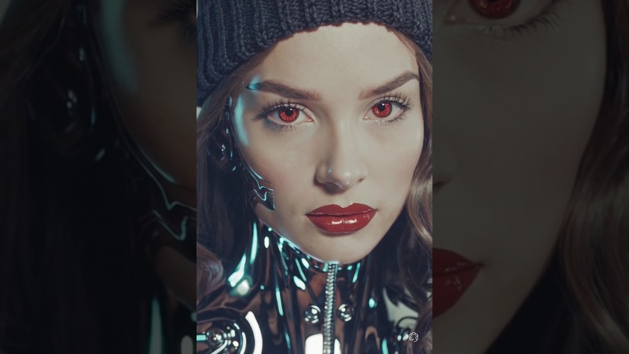beautiful female cyborg with seamless chrome and carbon fiber facial plating