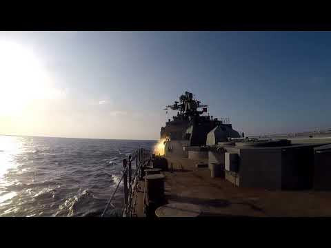Firing cruise missiles "Uranus" from the frigate "Marshal Shaposhnikov" in the Sea of Japan