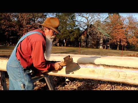 Hewing Oak Log for Floor Joist - Dovetail Log Cabin Build (Ep 6)