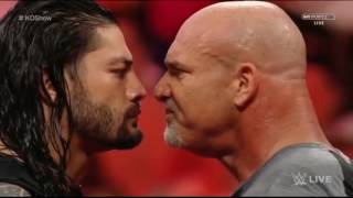 Goldberg and Roman Reigns Spear Braun Strowman on 