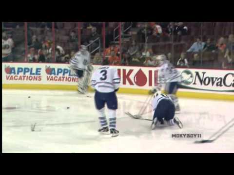 Dion Phaneuf Crushes Mike Komisarek During Warm up