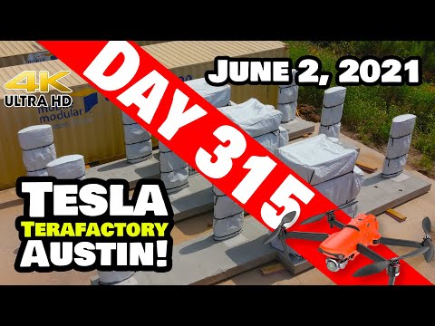 Tesla Gigafactory Austin 4K  Day 315 - 6/2/21 - Terafactory Texas - SUPERCHARGERS ARE AT GIGA TEXAS!