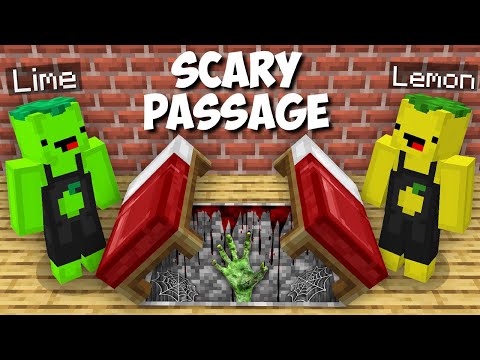 I found SECRET SCARY PASSAGE UNDER BED in Minecraft ! LEMON AND LIME FOUND SCARY BASE !