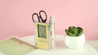 BAMBOO LCD TABLE ALARM CLOCK WITH PEN HOLDER ET763
