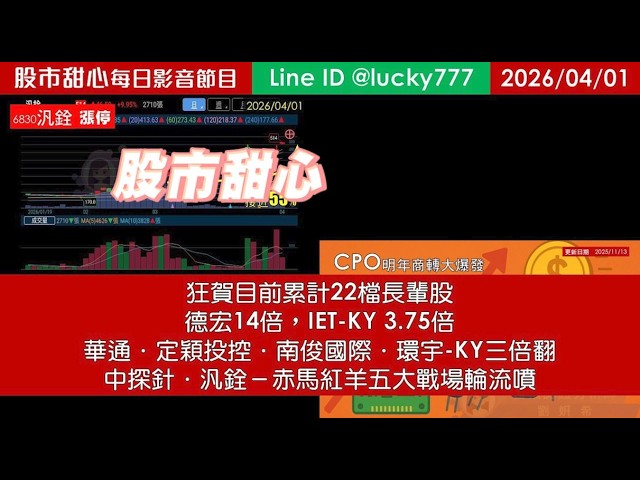 0401【甜心盤後節目】【鐵粉專案】狂賀目前累計22檔長輩股！德宏14倍，IET-KY 3.75倍，華通．定穎投控．南俊國際三倍翻，環宇-KY．中探針．汎詮，赤馬紅羊五大戰場輪流噴