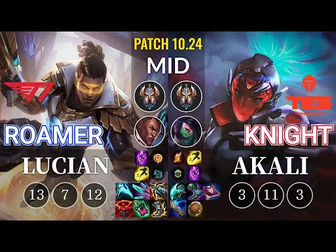 T1 Roamer Lucian vs TES knight Akali Mid - KR Patch 10.24