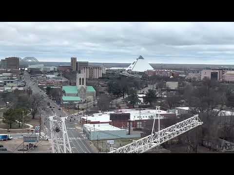 (4K).  Memphis TN. Downtown.  Pyramid. Bridge. Arena.  Mississippi River.  January 2023