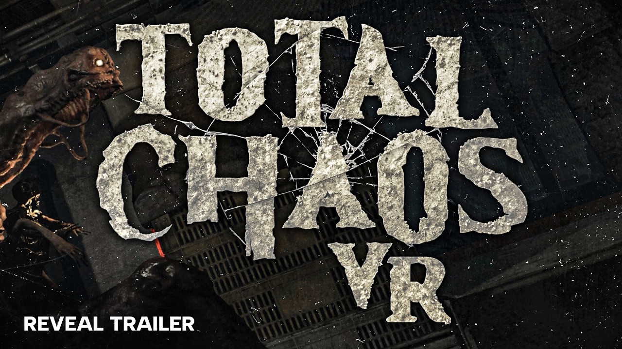 Total Chaos VR reveal teaser trailer key art with weathered stone lettering and a creature in shadow