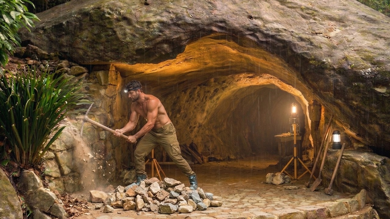 I Built a Hidden Stone Shelter Under a Giant Rock to Survive in the Forest