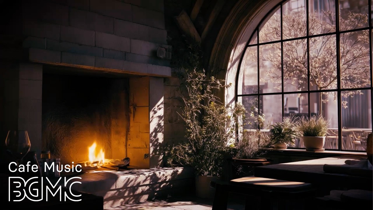 4K Cozy Fireplace Café & Spring Window ☕ Smooth Bossa Nova Jazz for Work, Study & Relax