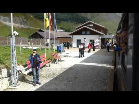 Leaving the Realp DFB station in the Furka Cogwheel Steam Railway