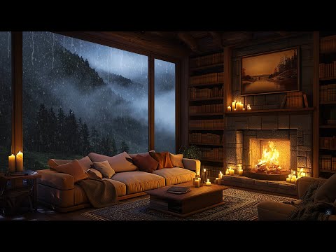Cozy Cabin Ambience in Deserted Forest 🌧️ Jazz Music 🌧️ Rain Sounds & Crackling Fire for Sleeping