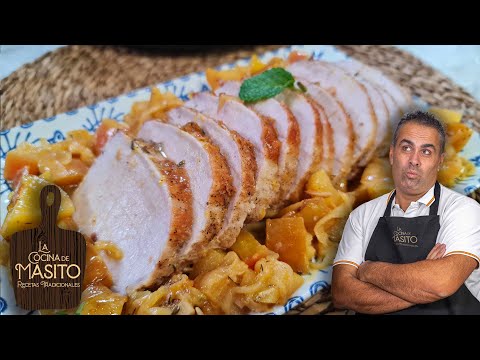 Lomo de cerdo en salsa con cebolla y manzana. Muy jugoso y ¡SIN HORNO!