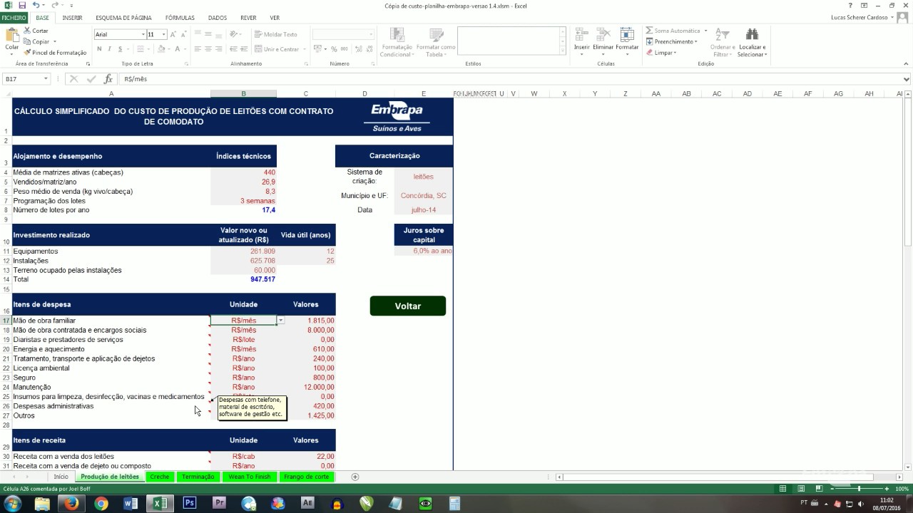 Planilha de cálculo simplificado dos custos de produção do integrado