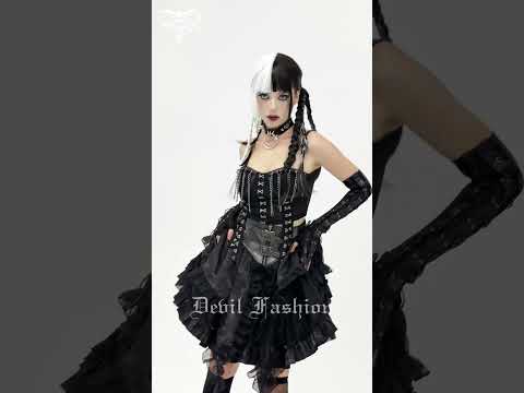 Gothic Black Chain Bustier Top with Lace Up Back