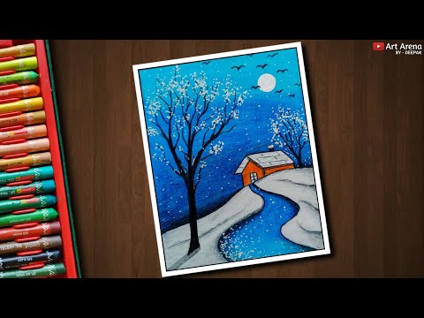 Snowfall scenery drawing with Oil Pastels - step by step