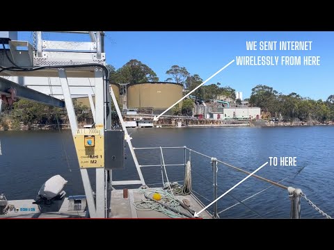 Ubiquiti Nanobeam wireless mesh links installed at Woronora Dam for the Australian Department of Defence — a multi-hop mesh network beaming internet across open water from shore to pontoon offices