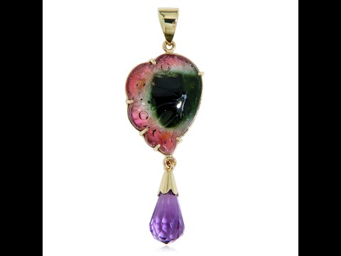 Pandantiv Aur 14 k Galben Turmalina Watermelon Gravata Manual Ametist Naturale - Creativitate si Armonie