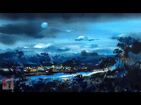 How To Paint A Moonlit Night । Landscape Scenery Starry Night With Watercolor Painting Demonstration