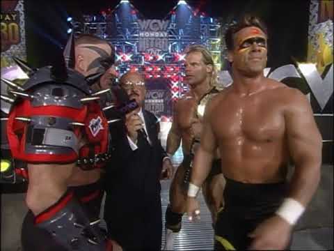 WCW Tag Team Champs Sting & Lex Luger promo with The Road Warriors. Sting is angry with Luger! (WCW)