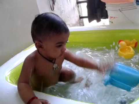 Jiyaan taking bath...