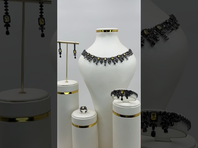 طقم زيركون أسود مكس أصفر أنيق بإصدار خاص دقة الماس 5 قطع بضمان على اللون