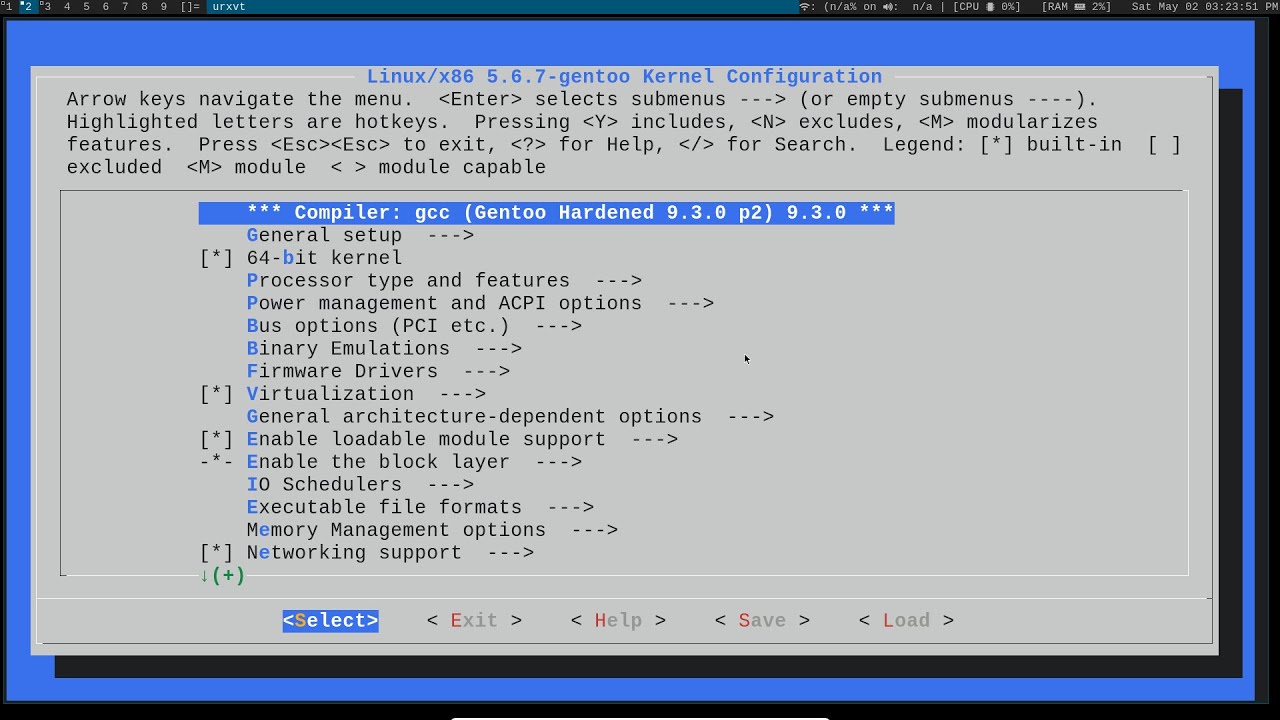 Gentoo Linux kernel configuration menu showing key options and compiler version during setup.