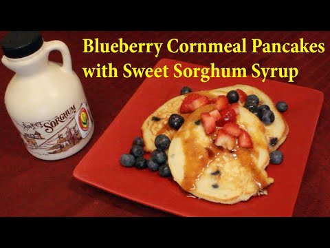 Blueberry Cornmeal Pancakes with Sweet Sorghum Syrup